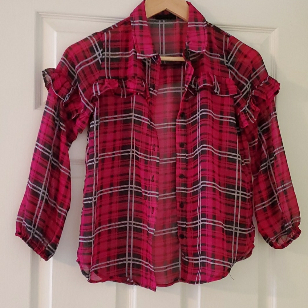 Girls pink plaid button down shirt